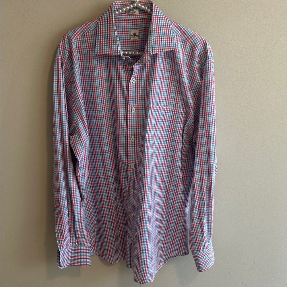 Peter Millar Blue Pink Plaid Button Down Shirt. Size Large